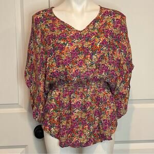 Parker V-neck Floral Short Sleeve Elastic Waist Peplum Silk Top M
